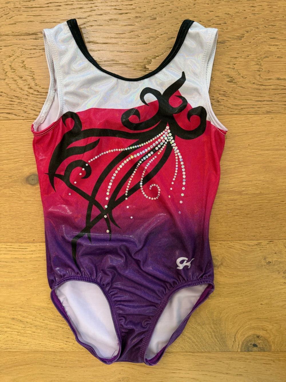 GK Girls Gradient Pink-Purple Gymnastics Leotard Black Swirl & sparkles CM VGUC